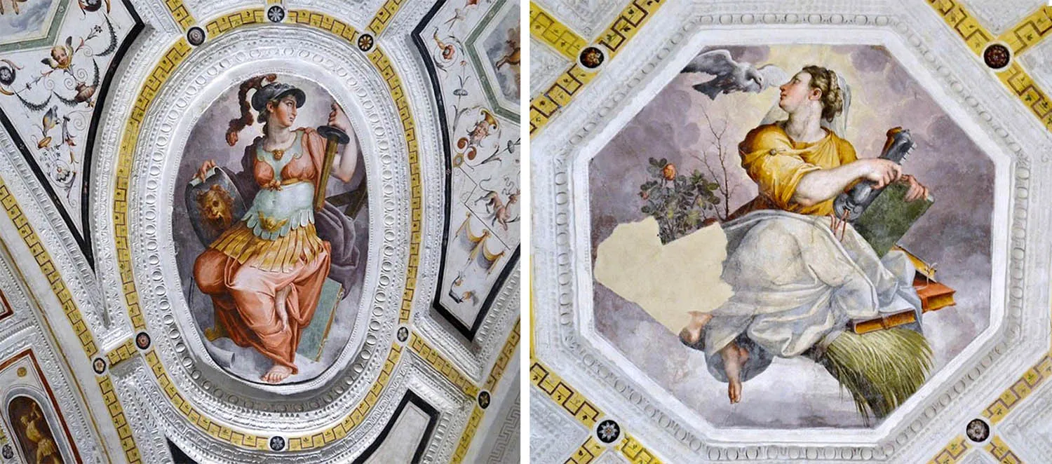 Frescoes of Wisdom (left); with Abundance (right) by Giorgio Vasari