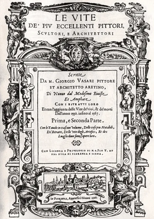 The engraved title page from the second, expanded edition of Vasari’s Lives of the Artists. via Wikipedia.