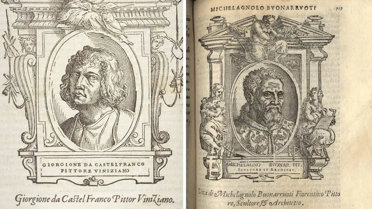 The chapter of the work dedicated to the life of Georgione (left) with that of Michaelangelo (right)