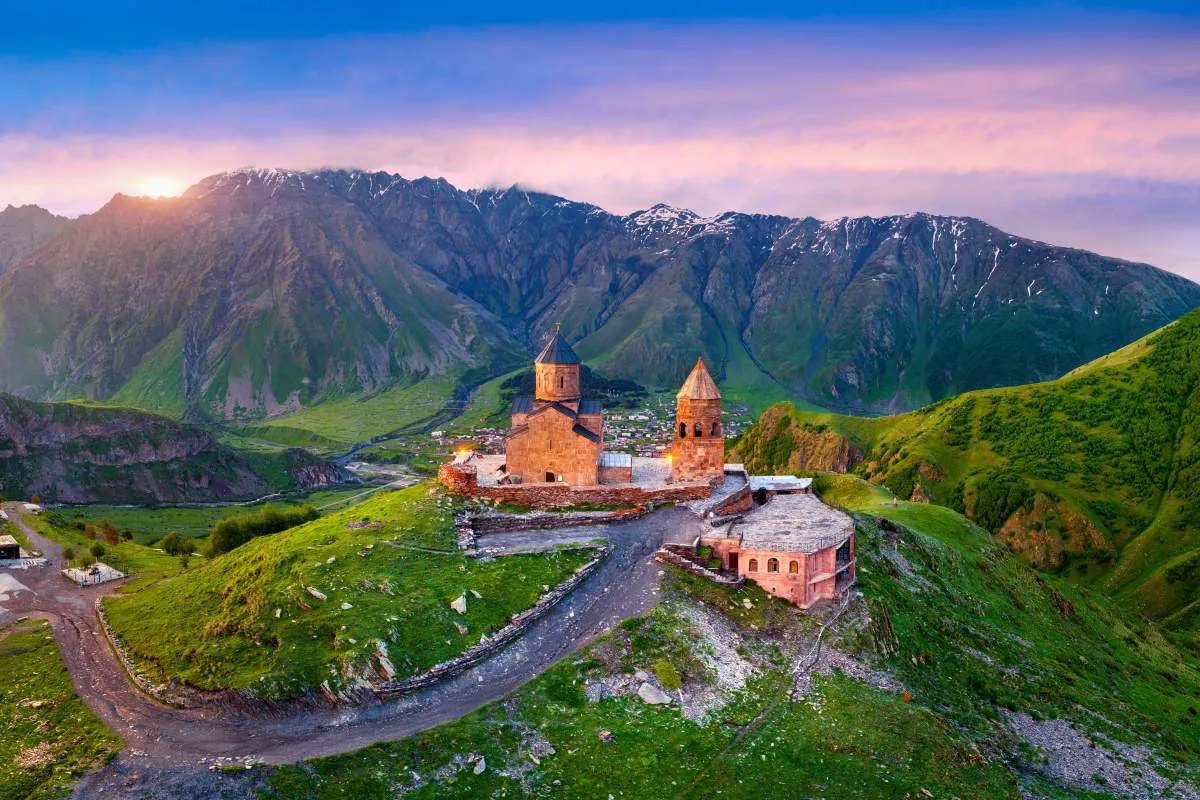 view gergeti church mountains georgia