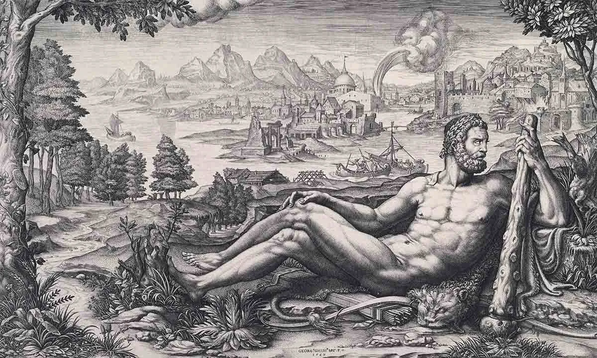 ghisi hercules resting engraving