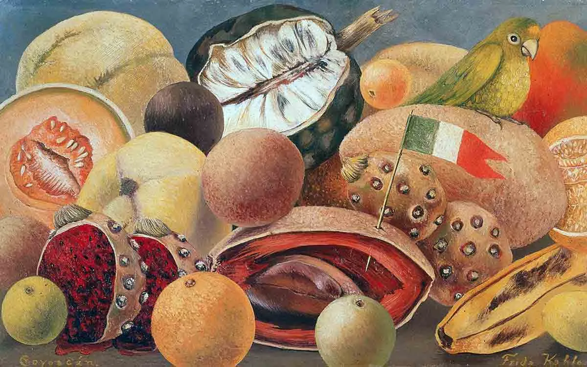 kahlo still life with parrot and flag