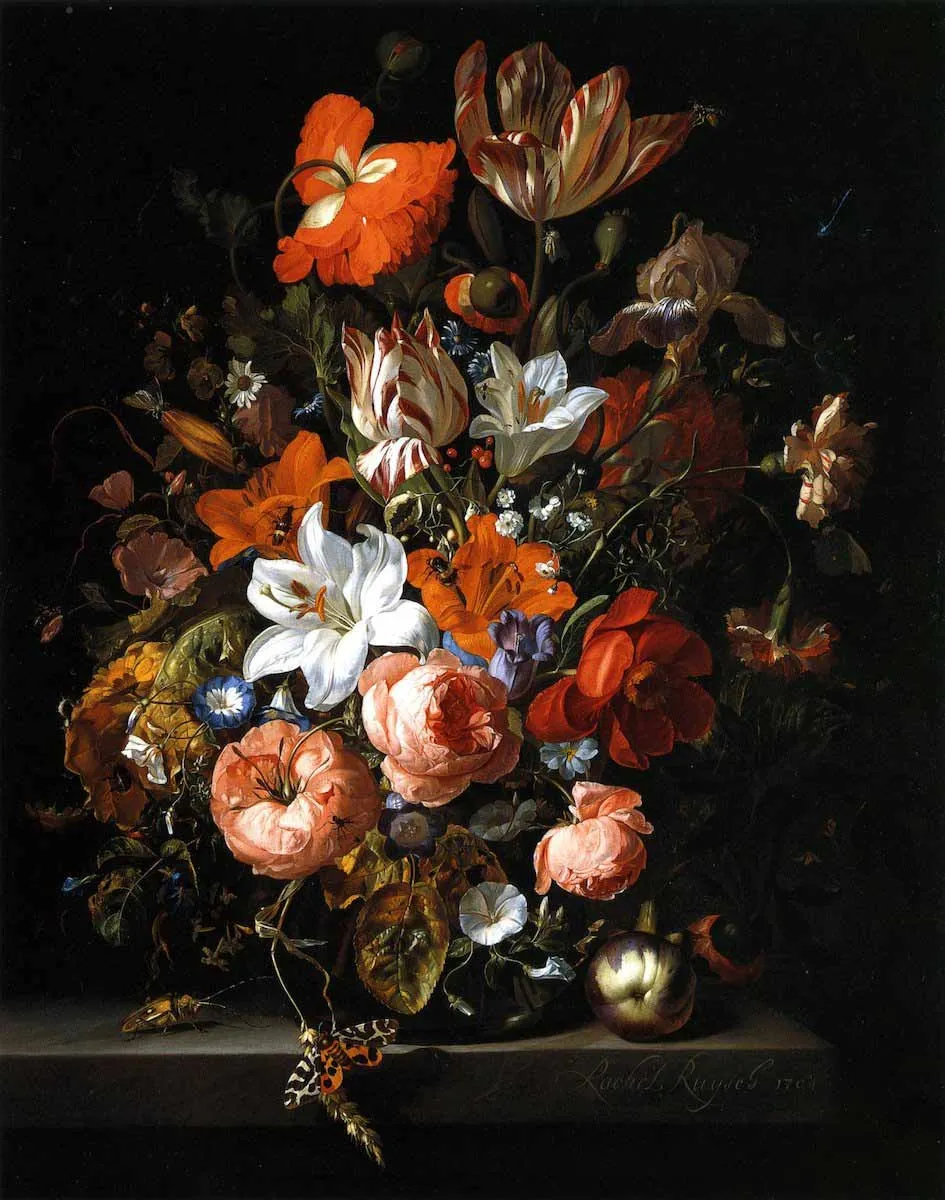 Flowers in a Glass Vase by Rachel Ruysch, 1704. Source: Detroit Institute of Arts, Michigan.