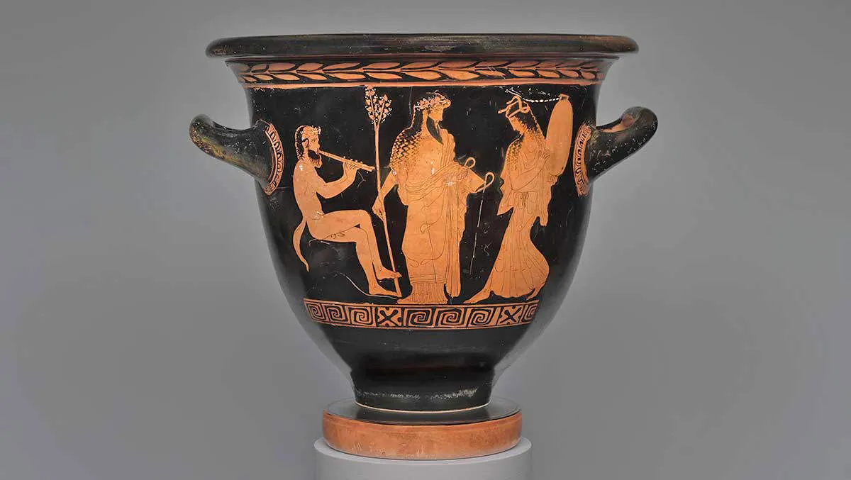 satyr playing aulos greek vase painting