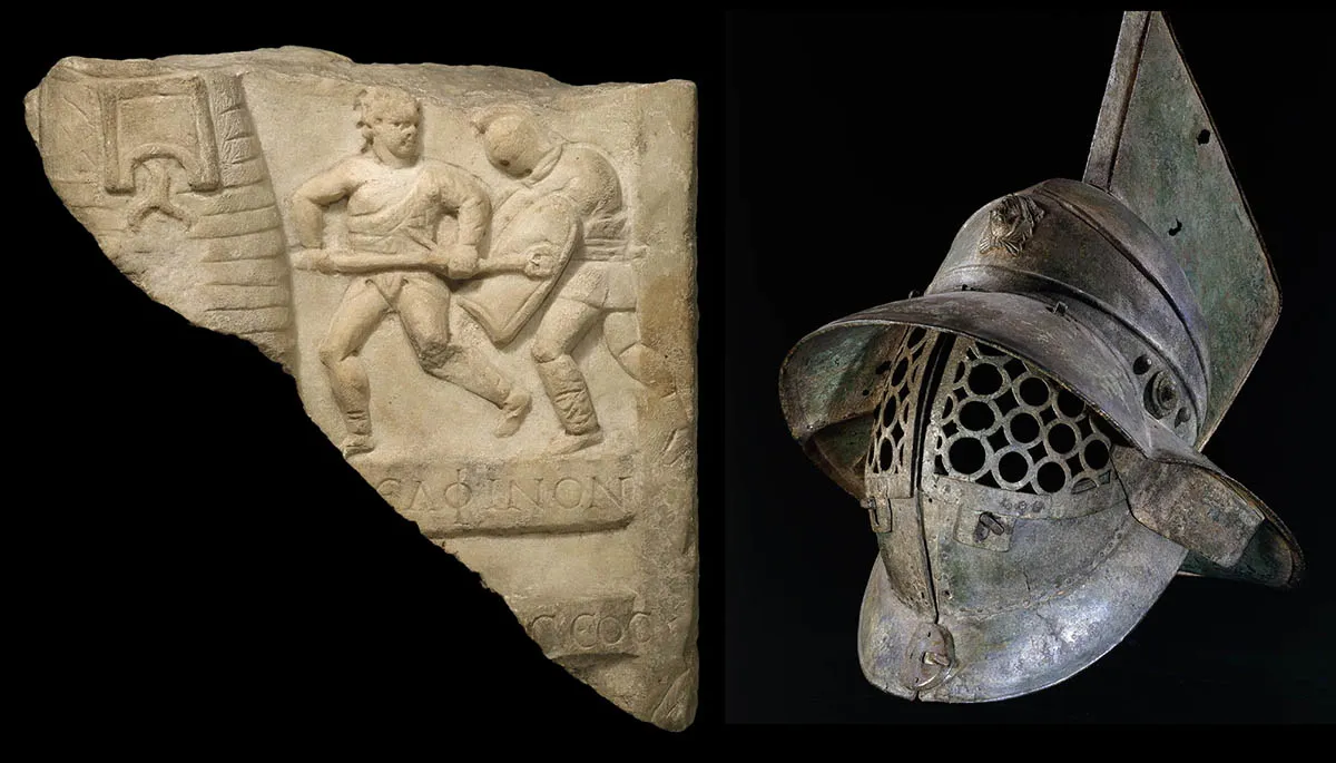 图片9：描绘角斗士战斗的希腊铭文大理石浮雕与斯巴达克斯青铜头盔