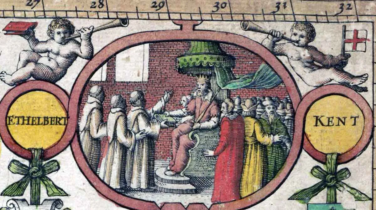 图片8：约翰·斯皮德1612年《撒克逊七国时代》中描绘的肯特国王埃塞尔伯特，很可能是奥克塔的孙子
