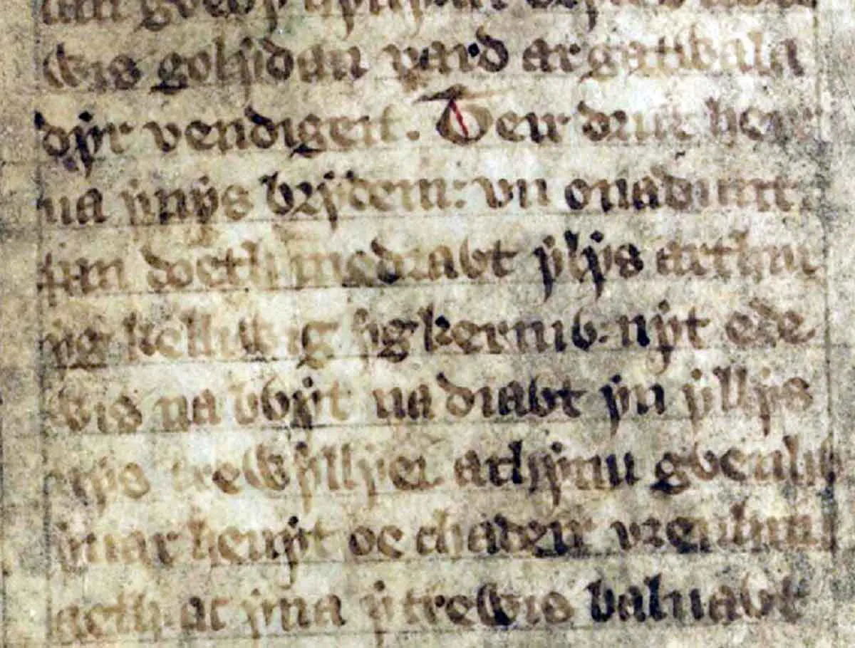 图5:里德赫的白皮书彭亚斯MS 4第55页,显示提及梅德拉德洗劫亚瑟王宫廷的三联篇,约1325-1375年